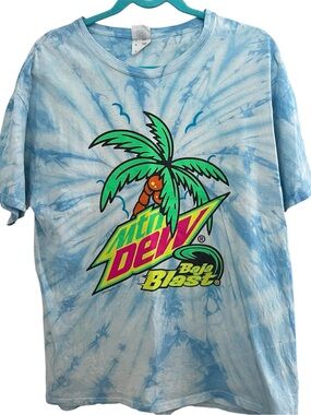 Mountain Dew Baja Blast Blue Tie Dye Graphic Tee Tropical Palm Trees